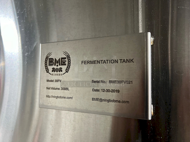 LIKE NEW! Ningbo Bme 30FV 30BBL Fermenter/Unitank/Conical Stainless Steel Fermentation Tank. S/N: BME30FV021 
.
Fully Functioning

.
Gross volume: 4,430L(26% head space); 
Tank size: Φ1,600x1500mm, approx. total height 12ft
Jacketed and insulated. SUS304 stainless steel, 3mm thickness plate for inner tank, 1.5mm for dimple jacket and 2mm for outer shell.
Interior tank 2b finish and passivated, ribbon polish for welded place; 4#finish or mirror finish for inner tank available
Outer tank brushed. Dish head polished. ribbon polish for welded place
Dish head, 60° cone bottom, Side shadowless manway(double side welded)
DIN 65 style 1.5” Rotating racking arm(or tri-clamp),
3 zone dimple cooling jackets, 3/4″ NPT inlet and outlet
80mm Polyurethane insulation
CIP arm and spray ball, blowoff pipe
Necessary butterfly valves, sample valve, Thermometer, Pressure gauge( oil style), PVRV, tri-clamp and gasket fittings.

Manufactured: 12/30/2019

Located in: Rancho Cucamonga, CA. Shipping is Available. - Image 2 of 8