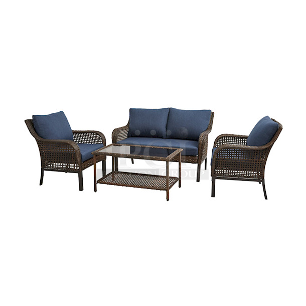 Mainstays Tuscany Ridge Outdoor 4 Piece Wicker Conversation Set, Blue. 4-piece patio furniture set includes a cushioned loveseat, two chairs, and a coffee table. Each chair measures 30.75"D x 30.75"W x 32.75"H; Loveseat measures 52"W x 30.75"D x 32.75" H; Coffee table measures 21.5"W x 38"D x 19.5"H. 2x Your Bid - Image 5 of 8