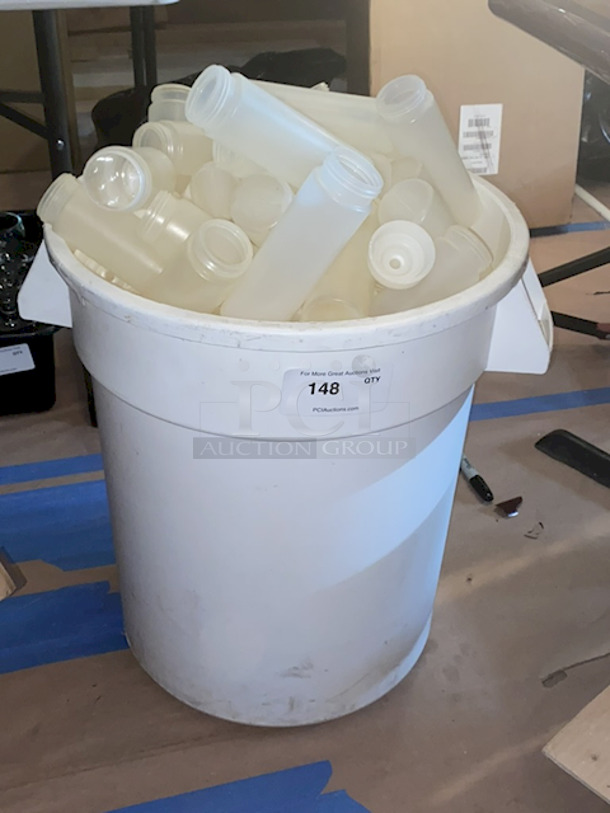 HUGE! 20 Gallon / 320 Cup White Round Ingredient Storage Bin Filled Approximately 12-24oz Squeeze Bottles - Image 2 of 2