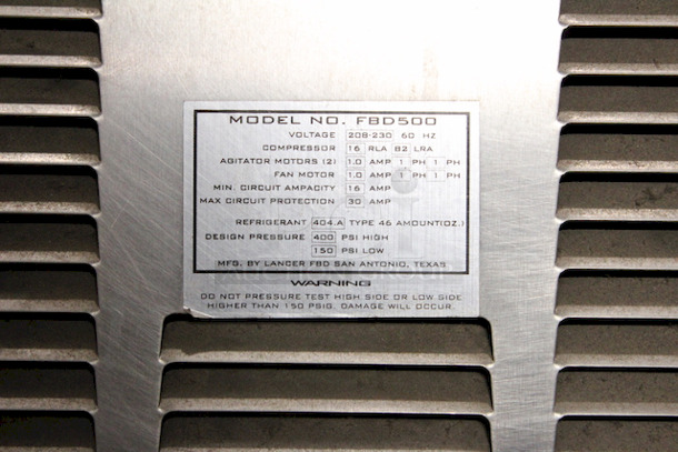 NICE! Lancer FBD500 Frozen Beverage Dispenser, 2 Flavors, On Cabinet With Commercial Casters, 208-230v/60Hz. 
20-1/4x30-1/2x67. Removed From Burger King In Working Order.  - Image 10 of 11