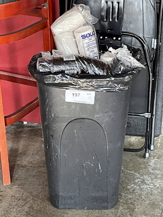 ALL FOR ONE!! CLEAN! Trash Receptacle With Liner Filled With Single Use To Go Food and Drink Containers
