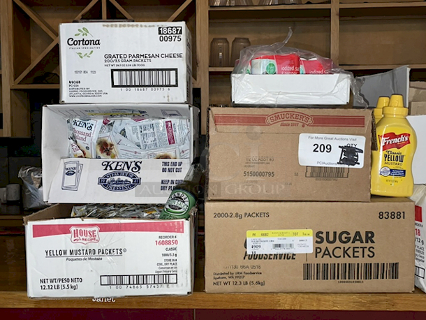 ALL FOR ONE! Boxes of: Grated Parmesan Cheese 3.5 Gram Packets, Ken's Thousand Island Dressing Packets, House Recipe Yellow Mustard Packets, URM Food Service Sugar Packets (2.8grams), Smuckers Jam Packs, Salt & Pepper Shakers and Yellow Mustard Bottles.  - Image 1 of 7