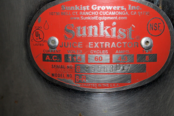 CLASSIC MODEL! Sunkist Model 8-R Commercial Juice Extractor. 115V, 4.3amp. SN: 885563D17 - Image 2 of 7