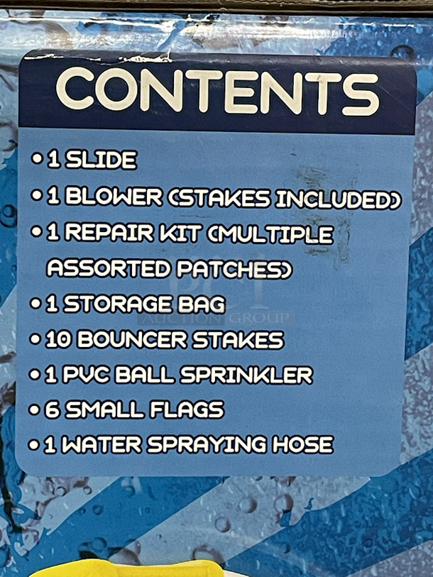 H2O GO Inflatable Water Park With Water Slide – Over 23ft Long. Contains: 01 SLIDE; 01 BLOWER (STAKES INCLUDED); 01 REPAIR KIT (MULTIPLE ASSORTED PATCHES); 1 STORAGE BAG; 10 BOUNCER STAKES; 1 PUC BALL SPRINKLER; 06 SMALL FLAGS; 01 WATER SPRAYING HOSE. Overall: 23ft – 4in x 10ft – 2in x 8ft – 8in.  - Image 5 of 9