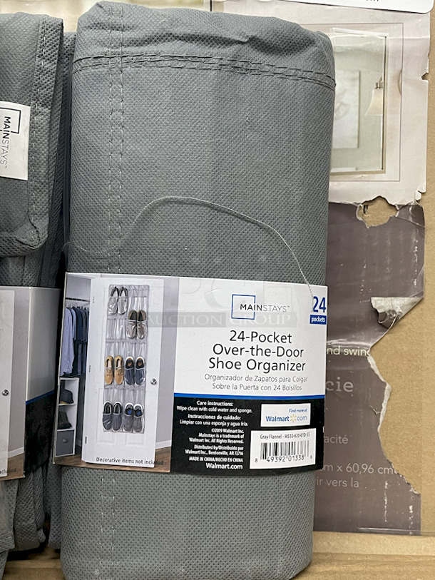 Bed / Bath Storage & Organization  – (2) Hives & Honey – Katie – Jewelry Stands; (4) Mainstays 24-Pocket Over The Door Shoe Organizers; (1) White Over The Door Rack; (1) Allen + Roth 3 Shelf Recessed Mount Brushed Nickel Finish Medicine Cabinet Fits 14”x24” Rough Opening; (7) Hives And Honey Wall Monet Jewelry Organizers; (11) 4 10-1/2” x 10-1/2” Sheets of Peel & Stick Tiles.  - Image 3 of 12