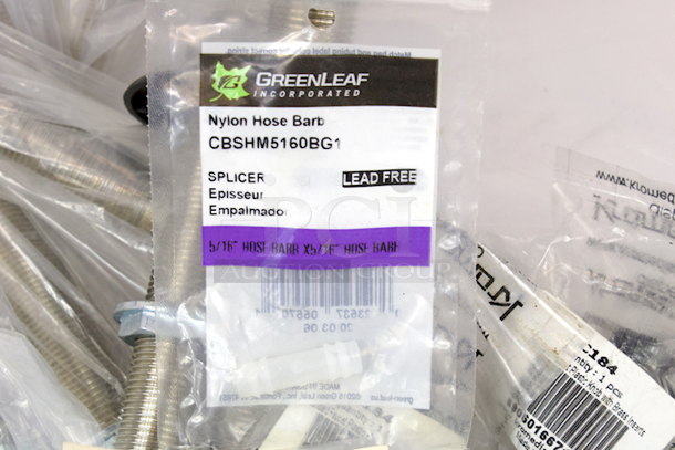NEW-NEVER USED Box Of Kegerator & Brewery Hardware: (6) Foxx Equipment Co 12BO3116 ABECO 5/8" BSP Beer Thread” ¼” x 8-1/2” Chrome Plated Brass Shanks, (4) Hex “Beer” Nuts - 29/32"-14 Beer Thread, (4) Taps, (10) Tap Brushes, (3) Krome Dispense C184 Standard Faucet Plastic Knob W/ Brass Insert, GreenLeaf CBSHM5160BG1 5/16” Nylon  Hose Barb x 5/16 Hose Barb - Image 9 of 10