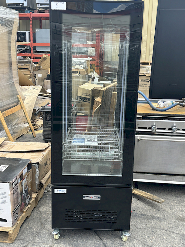 BRAND NEW SCRATCH & DENT! Avantco GD4C-15-HC Black 4-Sided Glass Refrigerated Display Case. 115v TESTED. IN PERFECT WORKING ORDER. SN:1447801050020 25-1/2 x 25-1/2x74-13/16 Exterior Glass on Back Of Unit Is Damaged. Interior Glass Is Undamaged  - Image 3 of 8