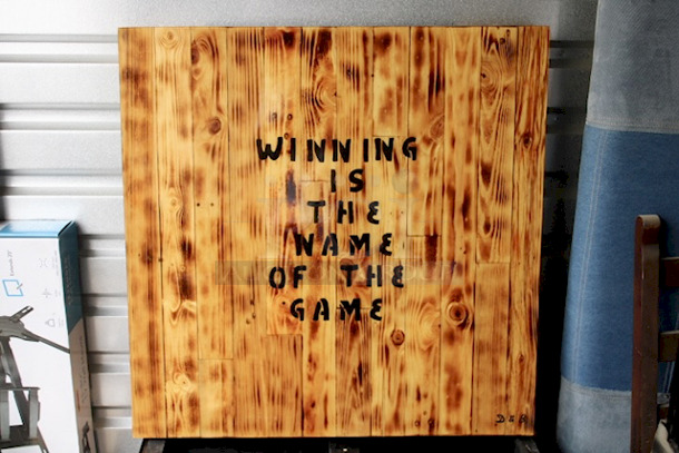 OUTSTANDING! Custom Built Laminated Table Top & Heavy Duty Weighted Outdoor Stands. -- Writing On Table: WINNING IS THE NAME OF THE GAME  --  2x Your Bid. 36x36x22
