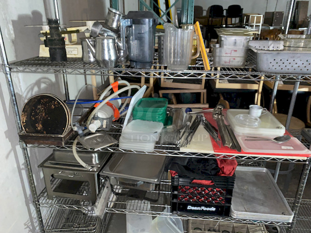 ALL FOR 1! Includes Everything Except The Rack.  Some of The Items Include: 20 Hole Cupcake/Muffin Pan, Syrup Merchandisers, Dough Scale, Variety of Pans and Containers, Lids, Bread Pan, Tongs, Ice Scoops, Chaffers, Full Size Baking Sheets PLUS MUCH MORE!! 
 - Image 2 of 12