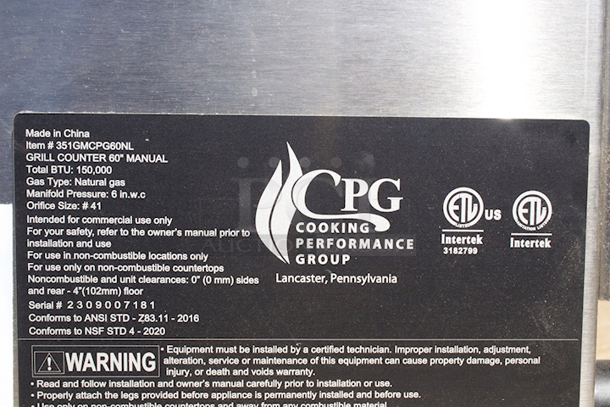 BRAND NEW SCRATCH & DENT! Cooking Performance Group GM-CPG-60-NL 60" Gas Countertop Griddle with Manual Controls - 150,000 BTU - Missing Knobs  - Image 4 of 6