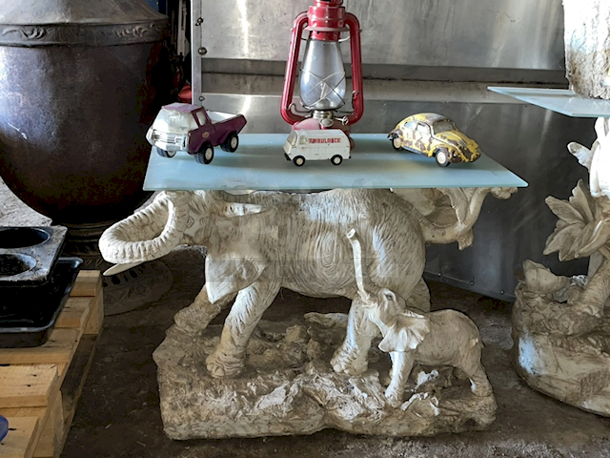 AWESOME! 3 Elephant Base Tables With Glass Tops With Vintage Cars and Lanterns. 3x Your Bid - Image 6 of 6