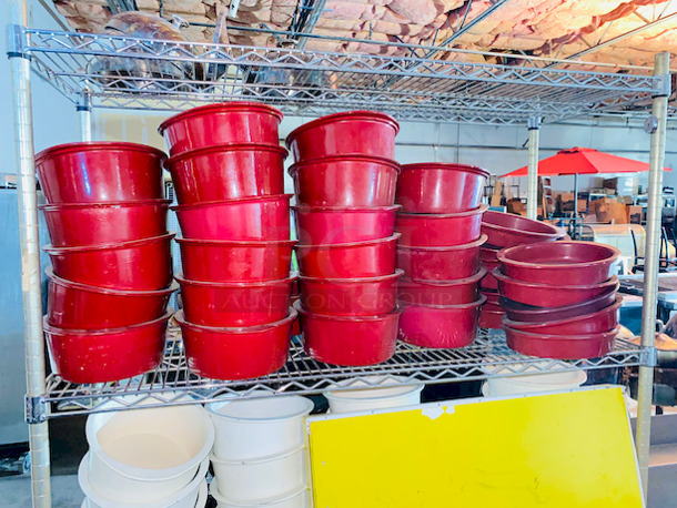 DO NOT PASS THIS UP!! Shelf Full of Bon Chef 5103TERRA 2-3/4 qt., 9-1/2" x 12-3/8" x 4"H, oval, aluminum with ceramic-look coating, Terra Cotta Red and Casserole Dishes and Bon Chef 1-1/2qt 5105S 9 1/8" x 12 3/8" x 2"Oval Pans, Terra Cotta Red. 

28x Your Bid - Image 2 of 5