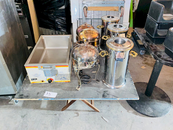 NICE! 3 Cambro Booster Seats, Ice Buckets,  Beverage Dispensers and Table Top with 2 Table Bases. 