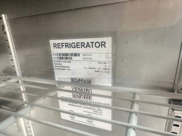 Excellent Condition Hoshizaki SR27B-8 27" Sandwich Top Prep Refrigerator with 1 Door 115 Volt Tested and Working - Image 7 of 8