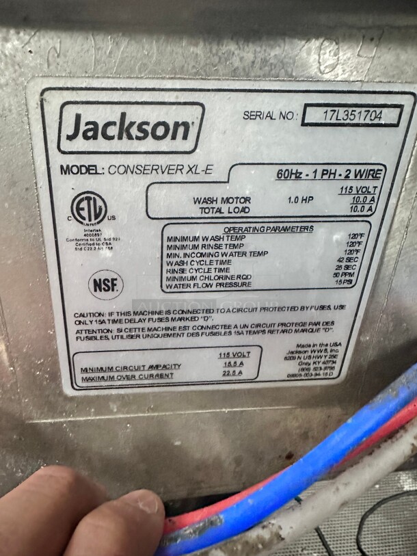 Late Model Jackson CONSERVER XL-E Low Temp Door Type Dishwasher w/ 39 Racks/hr Capacity, 115v Tested and Working - Image 2 of 4