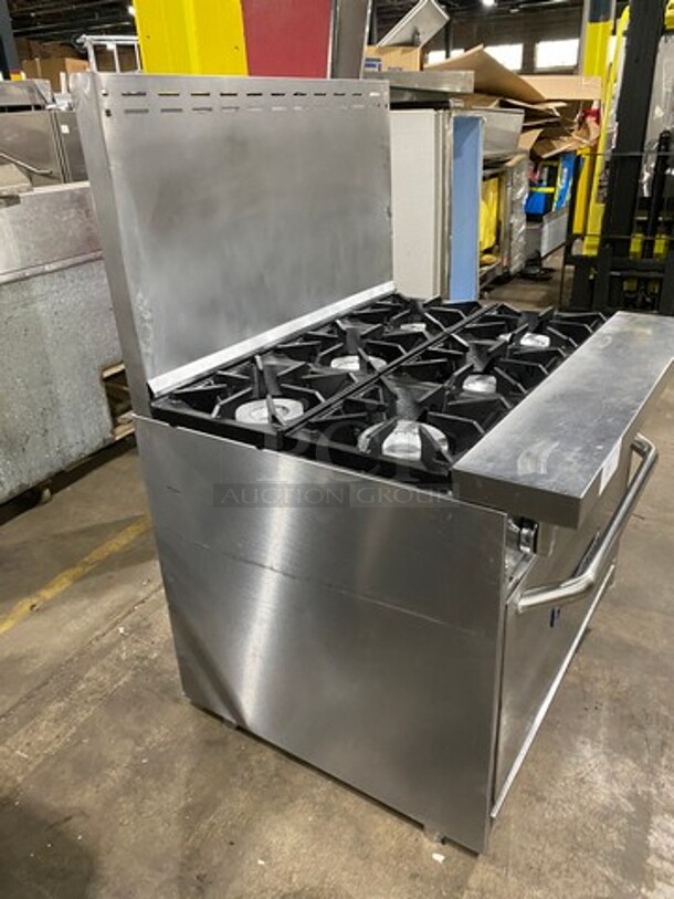 Bakers Pride Commercial Natural Gas Powered 6 Burner Stove! With Raised Back Splash! With Oven Underneath! All Stainless Steel! On Legs! Model: 36BP6BS30N SN: 9910518050013 - Image 2 of 10