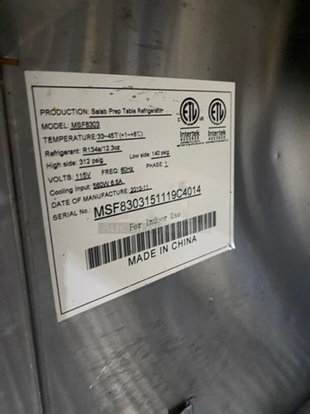 Atosa Commercial Refrigerated Sandwich Prep Table! With 2 Door Underneath Storage Space! Poly Coated Racks! All Stainless Steel! On Casters! Model: MSF8303 SN: MSF8303151119C4014 - Image 7 of 9