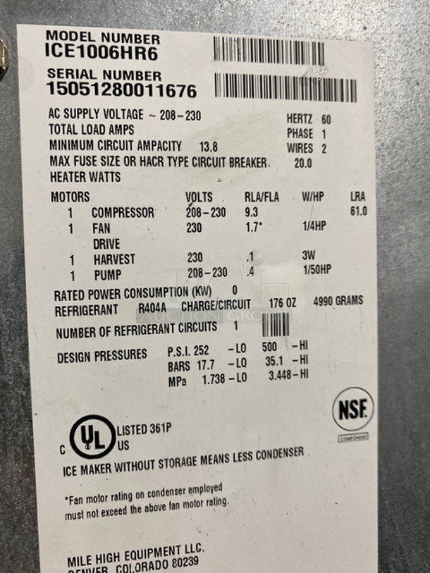 Ice-O-Matic Commercial Ice Making Machine! On Commercial Ice Bin! All Stainless Steel! On Legs! Model: ICE1006HR6 SN: 15051280011676 208/230V 60HZ 1 Phase - Image 6 of 10