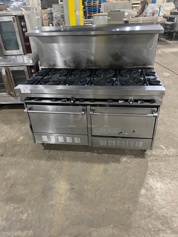 GREAT! Sunfire Commercial Natural Gas Powered 10 Burner Stove! With Raised Back Splash And Salamander Shelf! With 2 Full Size Oven Underneath! All Stainless Steel! On Legs! Model: SX102626 SN: 0503100119229