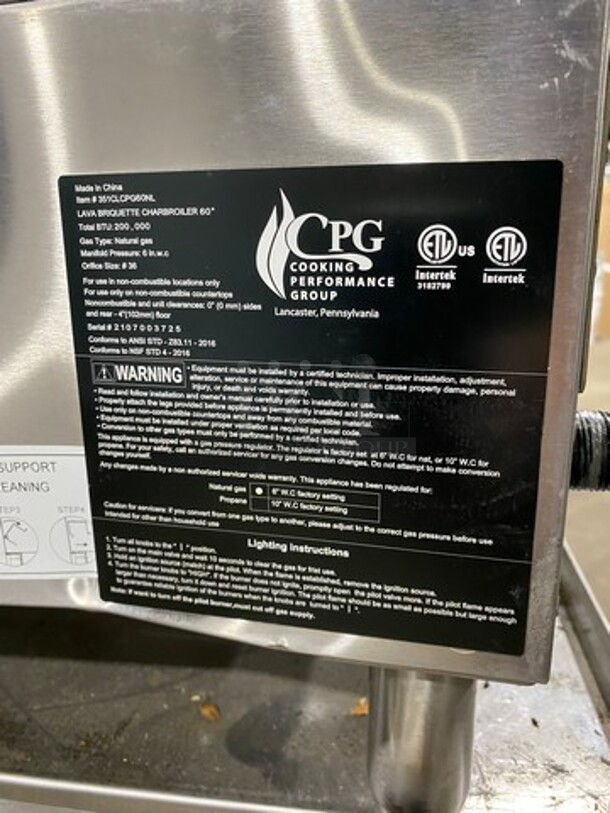 NEW! OUT OF THE BOX! CPG Commercial Countertop Natural Gas Powered Char Broiler Grill! With Back And Side Splashes! On Small Legs! On Equipment Stand! With Storage Space Underneath! All Stainless Steel! On Legs! SN: 2107003725 - Image 7 of 10