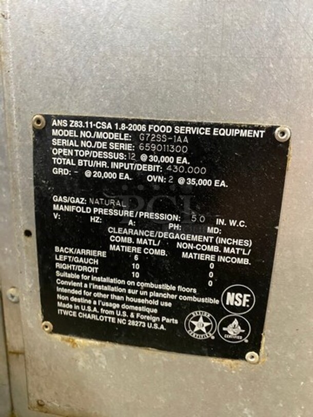 Vulcan Commerical Natural Gas Powered 12 Burner Stove! With Raised Back Splash And Salamander Shelf! With 2 Oven Underneath! All Stainless Steel! On Casters! WORKING WHEN REMOVED! Model: G72SS1AA SN: 659011300 - Image 5 of 11