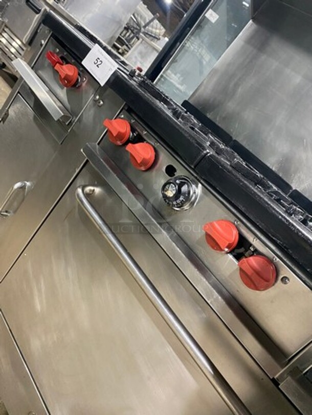 FAB! Franklin Commercial Natural Gas Powered 6 Burner Stove With Right Side Flat Griddle And Cheese Melter Combo! Griddle Has Side Splashes! With Raised Back Splash And Salamander Shelf! With Single Small Door Storage Space! With Oven Underneath! Metal Oven Racks! All Stainless Steel! On Legs! - Image 11 of 12