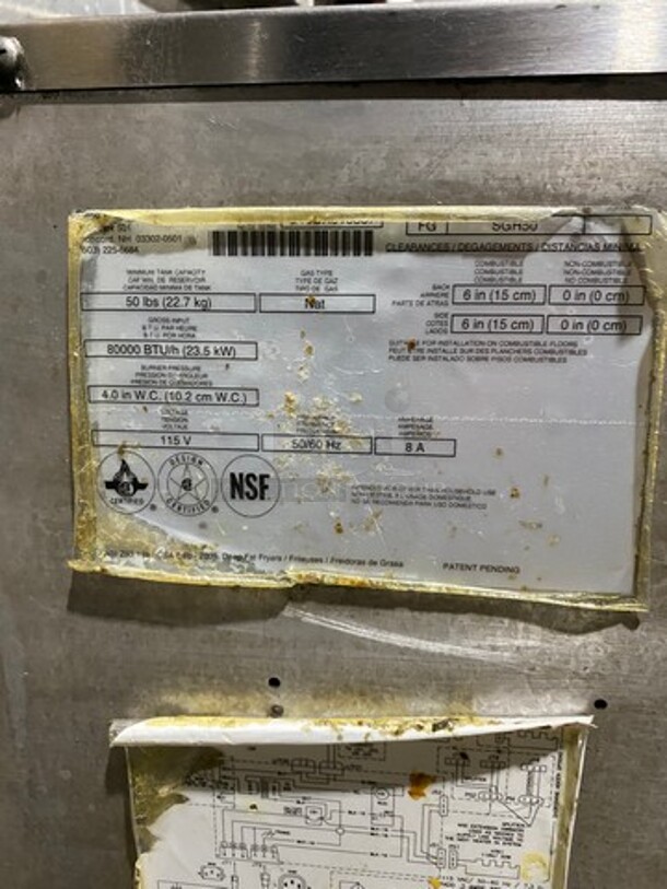 FAB! Pitco Frialator Commercial Natural Gas Powered 4 Bay Deep Fat Fryer! With Middle Fryer Basket Rack! All Stainless Steel! On Casters! Model: SGH50 SN: G10DA010387 - Image 9 of 12