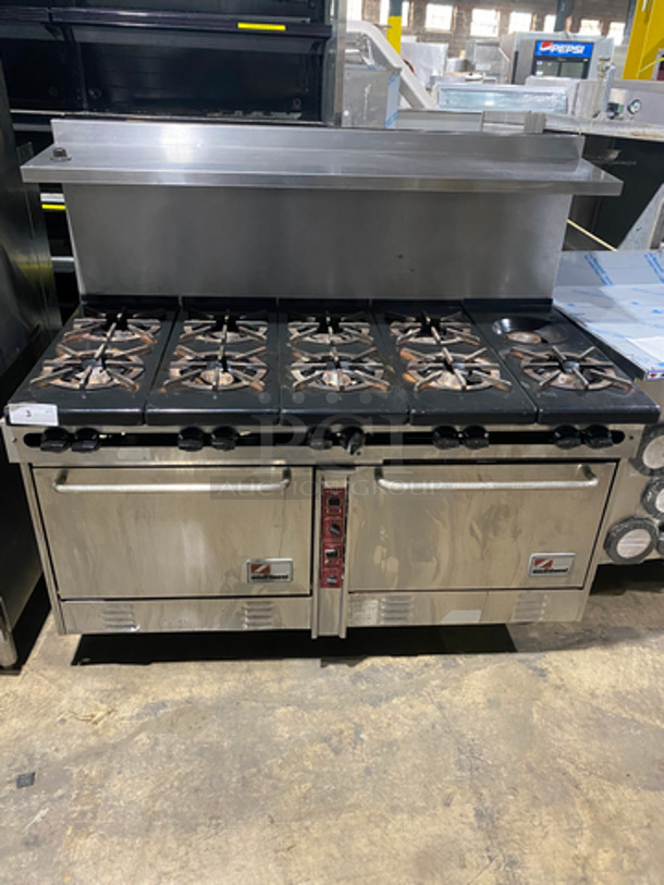 GREAT! Southbend Commercial 10 Burner Stove! With Raised Back Splash And Salamander Shelf! With 2 Full Size Oven Underneath! All Stainless Steel! On Legs!