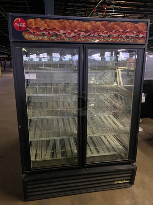 NICE! True Commercial 2 Door Reach In Cooler Merchandiser! With View Through Doors And Sides! With Beverage Racks! Model: GEM49 SN: 14461171 115V 60HZ 1 Phase