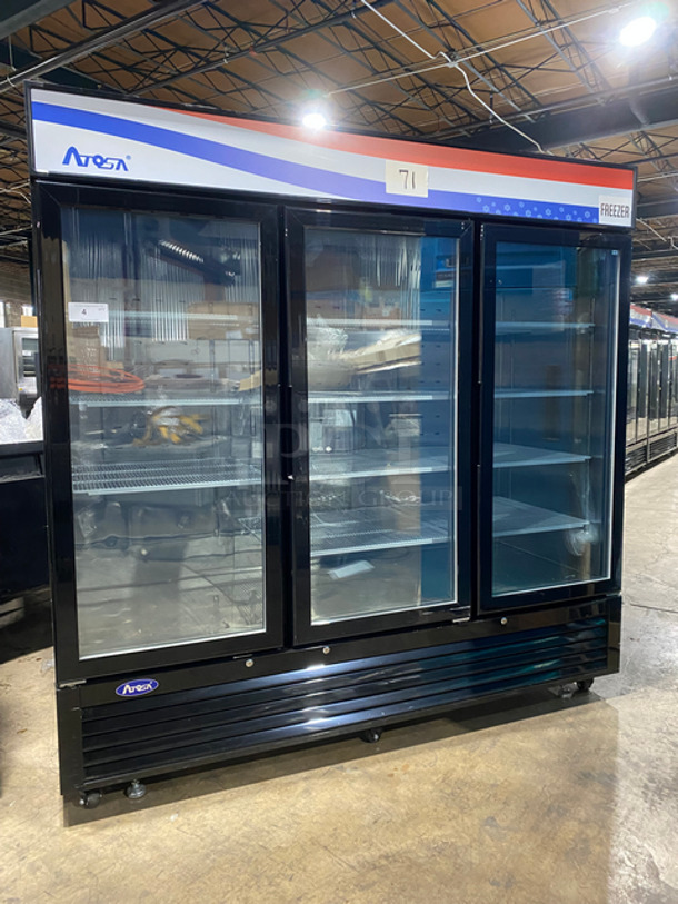 LATE MODEL! 2021 Atosa 3 Door Reach In Freezer Merchandiser! With View Through Doors! Poly Coated Racks! On Casters! Still Under Manufacturers Warranty! Model: MCF8728GR SN: MCF8728GRAUS100321031600C40002 115/208/230V 60HZ 1 Phase 
