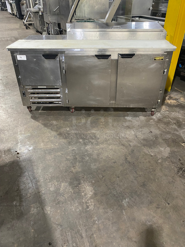 LATE MODEL! 2019 Cool Tech Commercial Refrigerated Pizza Prep Table! With Commercial Cutting Board! With 3 Door Storage Space Underneath! All Stainless Steel! Model: CUST72PT SN: 129518 120V 60HZ 1 Phase