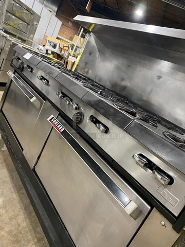 AMAZING FIND! Garland Natural Gas Powered 12 Burner Stove! With 2 Full-Sized Ovens! With Metal Oven Racks! With Raised Back Splash & Salamander Shelf! Stainless Steel! On Casters! WORKING WHEN REMOVED! - Image 9 of 11