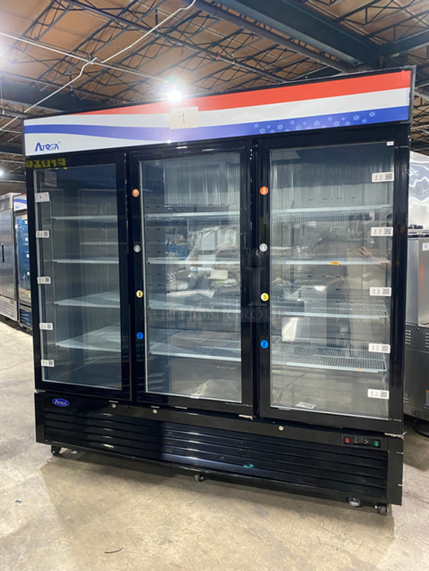 LATE MODEL! 2021 Atosa 3 Door Reach In Cooler Merchandiser! With View Through Doors! Poly Coated Racks! On Casters! Still Under Manufacturers Warranty! Model: MCF8724GR SN: MCF8724GRAUS100321033000C40002 115V 60HZ 1 Phase