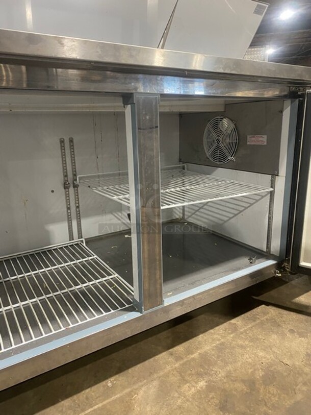 Sweet! LATE MODEL! Central Commercial Refrigerated Pizza Prep Table! With Full Length Removable Cutting Board! With 2 Door Refrigerated Storage Underneath! With Poly Coated Racks! 115V 1 Phase! Model: 69K014 SN: 8060492! On Commercial Casters! Working When Removed!  - Image 8 of 12