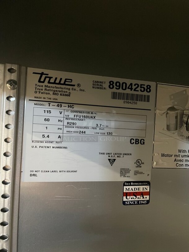 NICE! True Commercial 2 Door Reach In Refrigerator! All Stainless Steel! With Poly Coated Racks! On Casters! 115V 1 Phase! Model: T-49-HC SN: 8904258! - Image 6 of 10