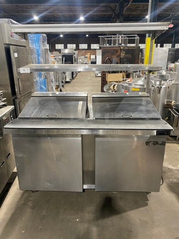 Continental Commercial Refrigerated Sandwich Prep Table! With Double Over Head Shelf! With 2 Door Underneath Storage Space! With Poly Coated Racks! All Stainless Steel! Model: SW6024M Serial 15713729! 115V 1Phase! On Casters!
 - Image 1 of 10