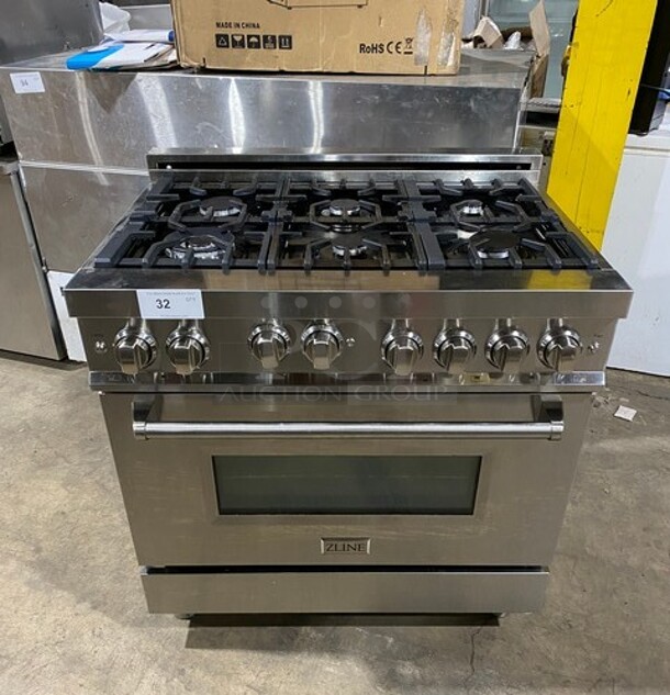 SWEET! Zline Gas Powered 6 Burner Stove! With Oven Underneath! Stainless Steel! MODEL RG36 SN:20071390062 120V  - Image 1 of 10