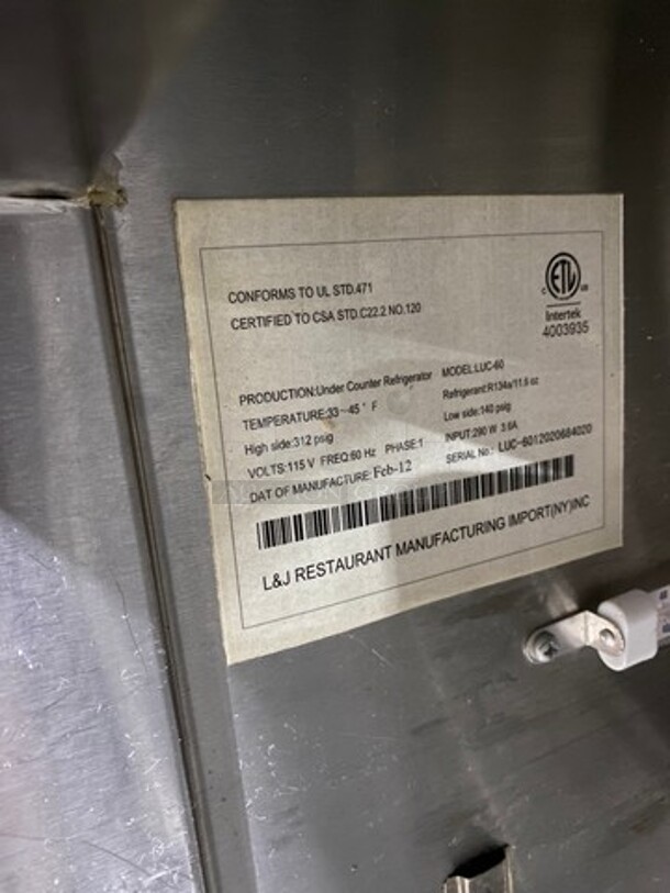 L & J Commercial 2 Door Lowboy/ Worktop Cooler! Stainless Steel! On Casters! WORKING WHEN REMOVED! Model: LUC60 SN: LUC6012020684020 115V 60HZ 1 Phase - Image 7 of 8