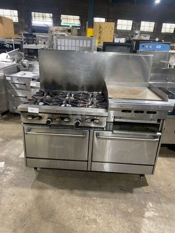 SUNFIRE Stainless Steel Commercial Natural Gas Powered 6 Burner Range W/ Raised Right Side Flat Top Griddle & Cheese Melter! With Raised Backsplash And 2 Full Size Ovens! On Legs!  - Image 1 of 9