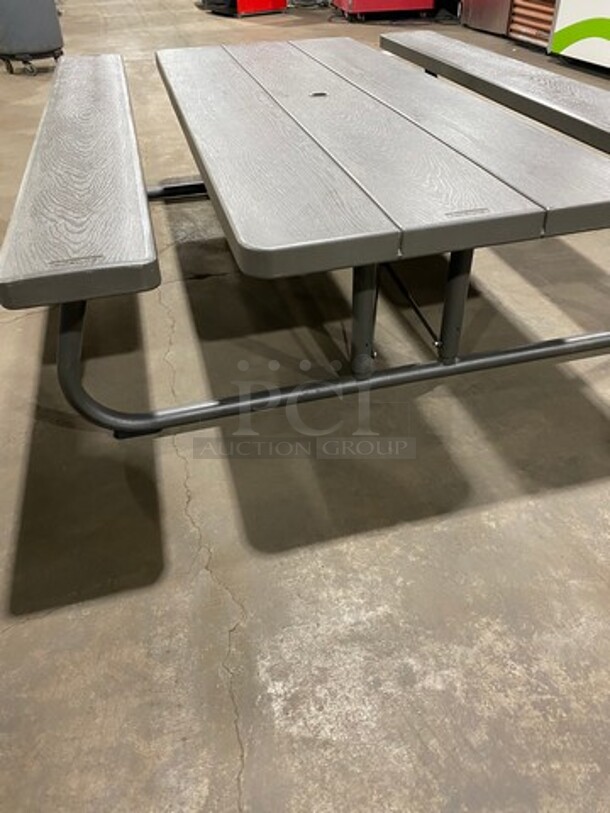 NICE! Lifetime Wooden Pattern Poly Picnic Table! With Dual Side Bench Seats! With Foldable Legs! - Image 3 of 7