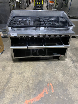Magi Kitch'n Commercial Natural Gas Powered Char Broiler Grill! With Underneath Storage Space! With Back & Side Splashes! All Stainless Steel! On Casters! Model: FM648 SN: G11JD041755