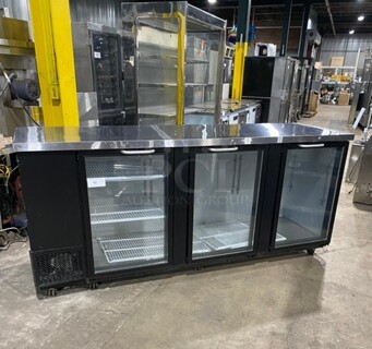 Late Model Blue Air Glass Doors Back Bar Cooler! With Poly Coated Racks! On Casters! MODEL BBB90-4BG-HC SN: IWW-BABB90GHC-0003 115V 1PH! Working When Removed!