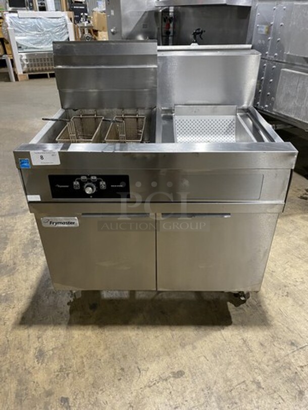 Frymaster Commercial Natural Gas Powered Deep Fat Fryer! With Side Dumping Station! With Back Splash! 2 Metal Frying Baskets! All Stainless Steel! On Casters! Model: 11814NSC SN: 1412PO0003