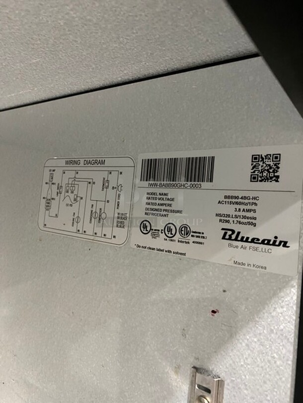 Late Model Blue Air Glass Doors Back Bar Cooler! With Poly Coated Racks! On Casters! MODEL BBB90-4BG-HC SN: IWW-BABB90GHC-0003 115V 1PH! Working When Removed! - Image 8 of 9