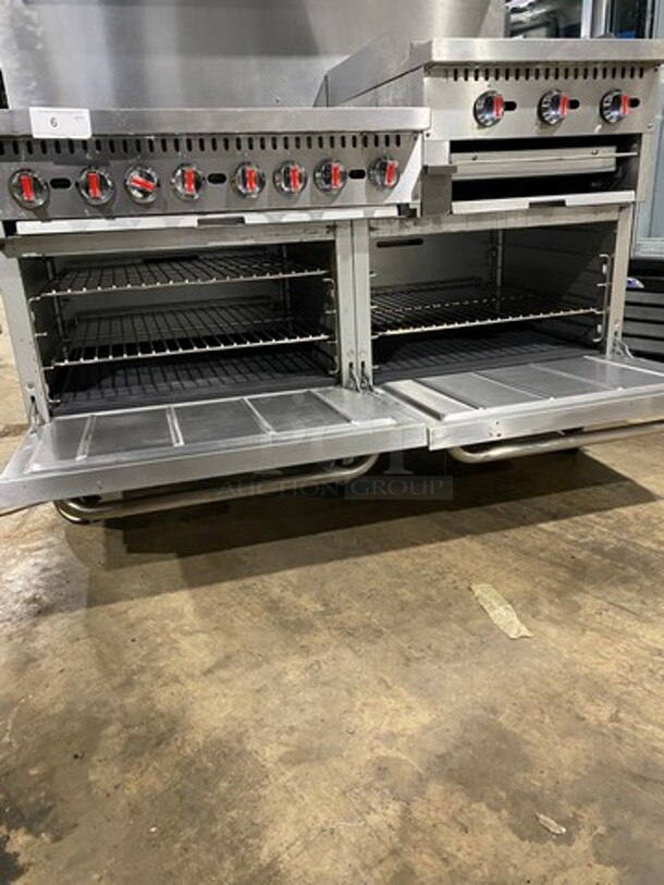 FAB! CPG Commercial Natural Gas Powered 6 Burner Stove With Right Side Flat Griddle And Cheese Melter Combo! Griddle Has Side Splashes! With Raised Back Splash And Salamander Shelf! With 2 Oven Underneath! Metal Oven Racks! All Stainless Steel! On Casters! SN: 01210402 - Image 8 of 12