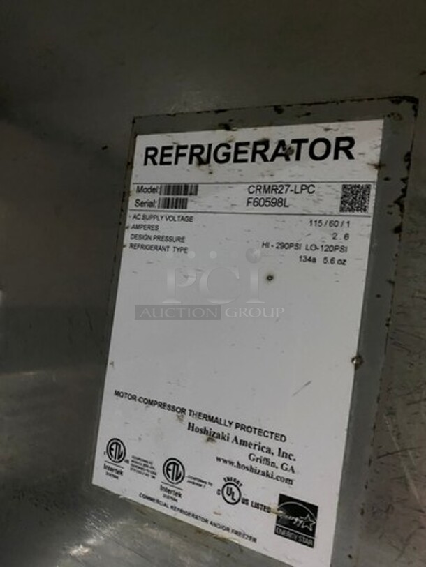 Hoshizaki Commercial Single Door Lowboy/Worktop Cooler! With Racks! All Stainless Steel! Model: CRMR27LPC SN: F60598L 115V 60HZ 1 Phase - Image 6 of 7