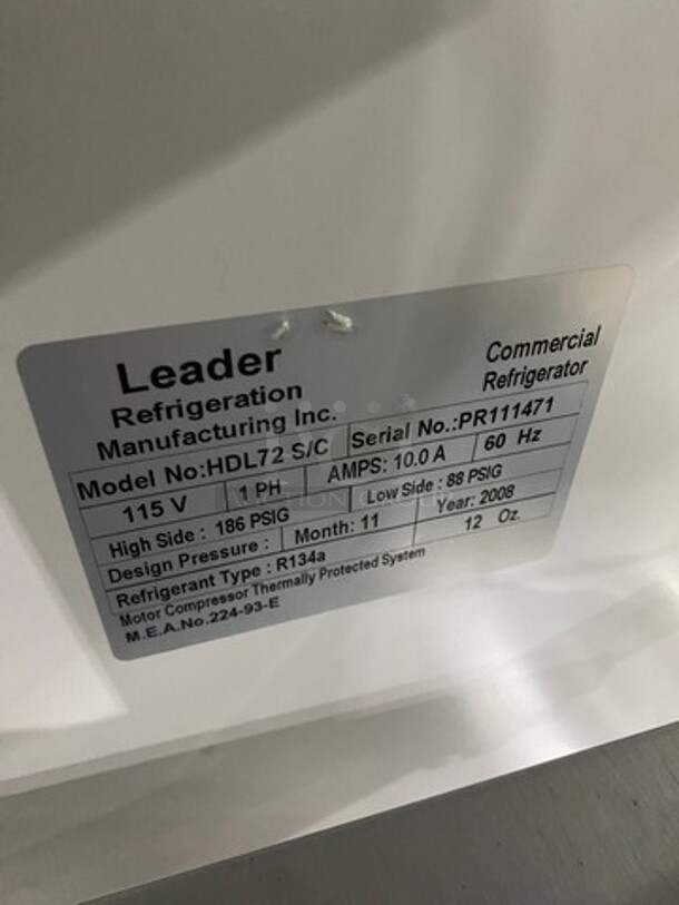 COOL! 2008 Leader Commercial Refrigerated Deli Display Case Merchandiser! With Slanted Front Glass! With Sliding Rear Access Glass Doors! All Stainless Steel! Model: HDL72SC SN: PR111471 115V 60HZ 1 Phase - Image 7 of 9