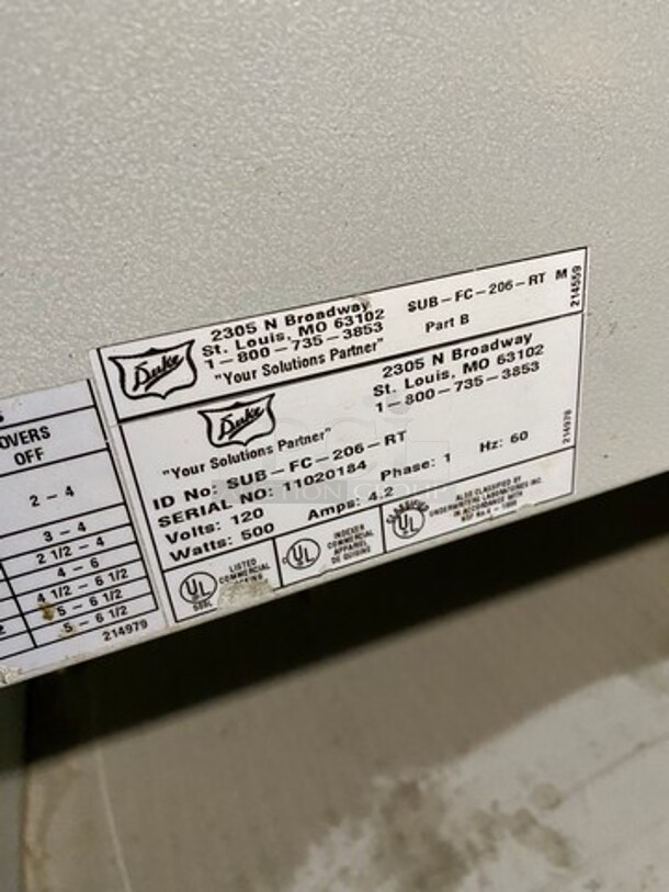 Duke Commercial Electric Powered Single Well Food Warmer Serving Station! With Storage Space Underneath! All Stainless Steel! On Legs! Model: SUBFC206RT SN: 11020184 120V 60HZ 1 Phase - Image 7 of 8