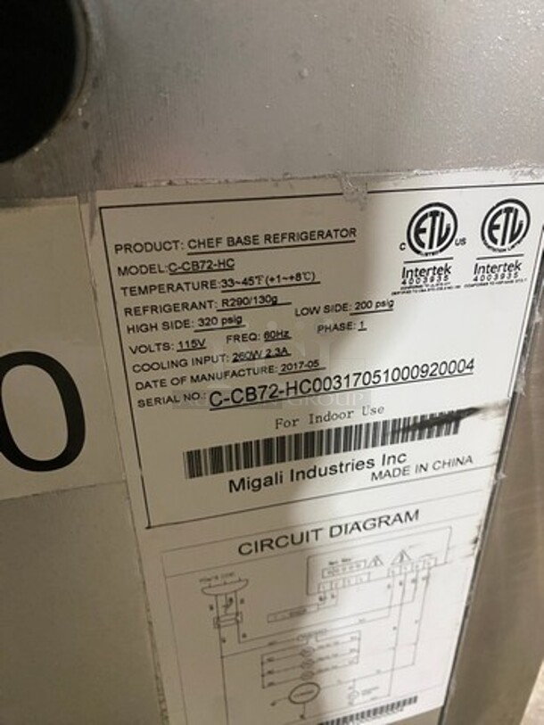 Migali Commercial Refrigerated Chef Base! With 4 Drawer Storage Space! All Stainless Steel! On Casters! Model: CCB72HC SN: CCB72HC00317051000920004 115V 60HZ 1 Phase - Image 7 of 8