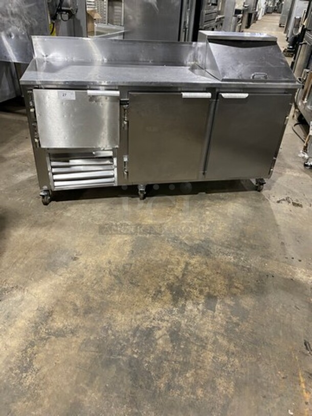 Leader Commercial Refrigerated Sandwich Prep Table! With Back Splash! With 3 Door Storage Space Underneath! Poly Coated Racks! All Stainless Steel! On Casters! Model: LM72S/C SN: PR010562 115V 60HZ 1 Phase